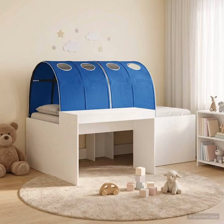 Letto singolo per bambini vidaXL con tunnel e scomparti laterali, Bianco e Blu, L/P/H: 120 x 203 x 133,5 cm