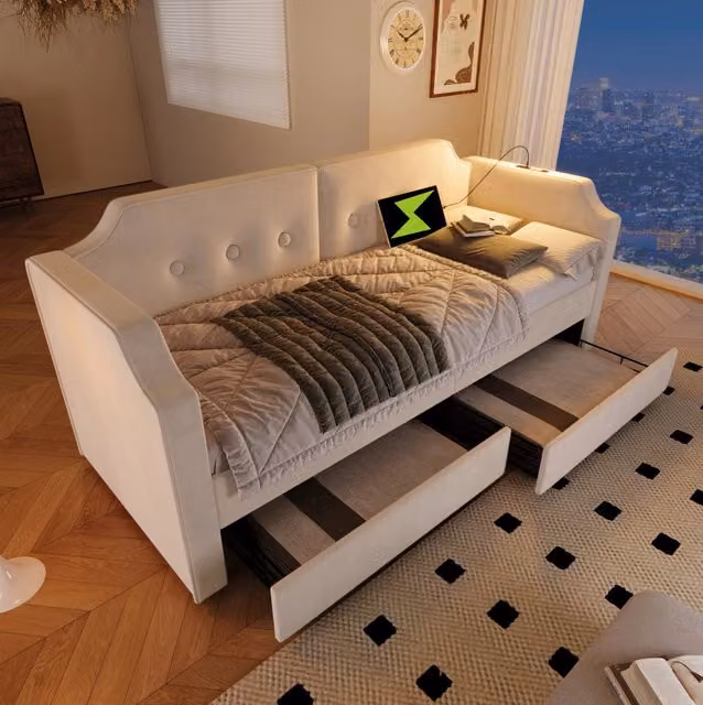 Letto Poltrona 90x200 cm in Velluto Beige con 2 Cassetti Contenitori, Lampada da Lettura USB Type-C, Rete in Legno Senza Materasso
