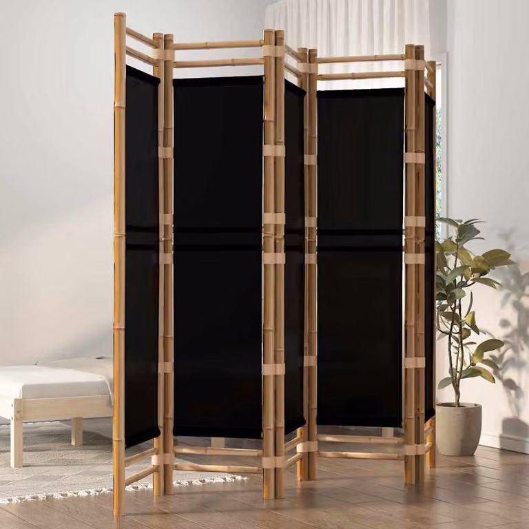 Divisorio Ambienti Pieghevole vidaXL con 5 Pannelli in Bambù e Tela Nera, H 180 cm x L 200 cm