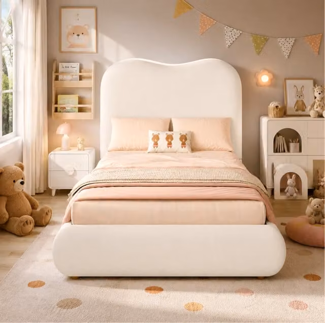 Letto per bambini 90x200 cm con contenitore idraulico e rete a doghe in velluto beige