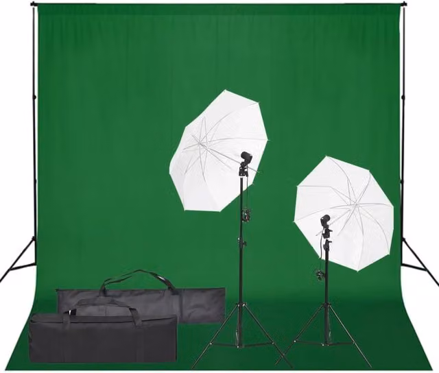 Kit per studio fotografico professionale con illuminazione LED e fondali regolabili in bianco, nero e verde