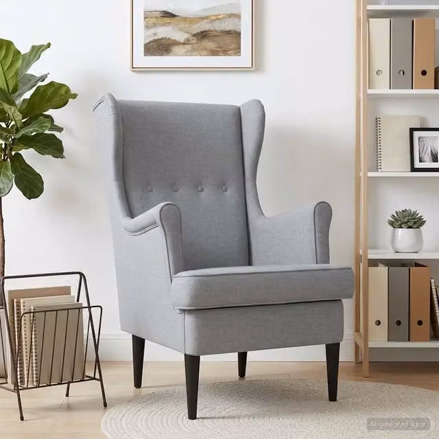 Poltrona Lounge Mid-Century in Tessuto Grigio con Braccioli e Struttura in Legno e Metallo