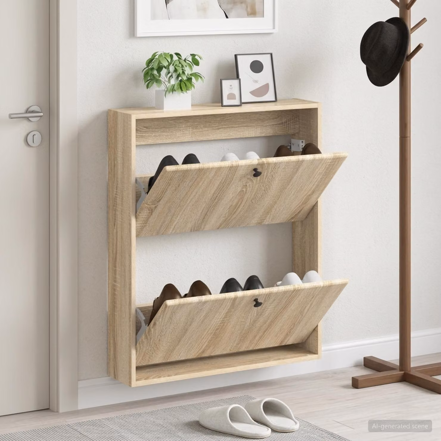 Mobiletto per scarpe da muro vidaXL BREDA in legno e metallo color rovere, L: 71 cm, P: 17 cm, H: 86 cm