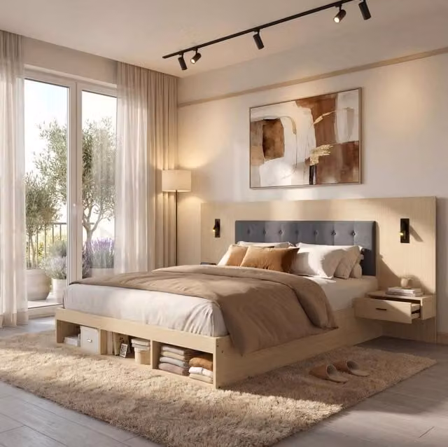 Letto matrimoniale contenitore 180x200 cm con faretti orientabili; USB C e 2 comodini; MDF rovere chiaro