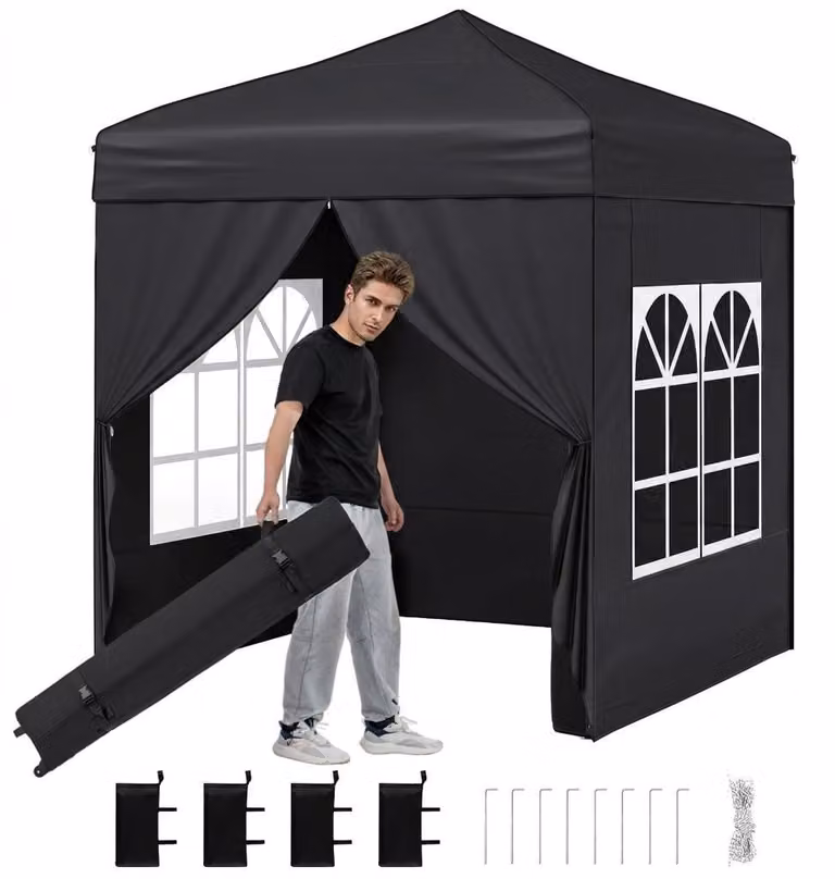 KOMFOTTEU, Padiglione pop-up, 194 x 194 cm, padiglione pieghevole con 4 pareti laterali removibili, tenda da festa regolabile in altezza (3 posizioni), completa di sacchi di sabbia, picchetti e cinghie di ancoraggio, padiglione da giardino con borsa porta