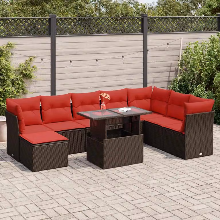 Set di divani da giardino vidaXL 9 pezzi in polyrattan color marrone con cuscini e tavolino da esterno a forma di U