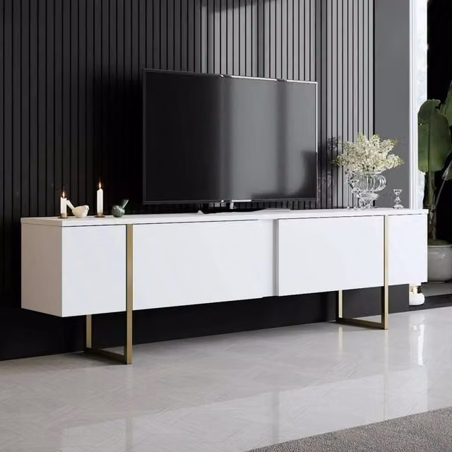 Abishia Mobile Porta TV con Cassetti Moderno Bianco e Oro L: 180 cm, P: 30 cm, H: 50 cm