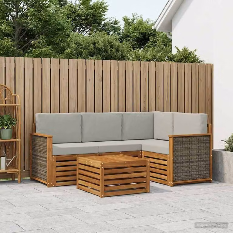 Set di divani da esterno vidaXL a forma di L in legno di acacia con cuscini, colore marrone e grigio chiaro