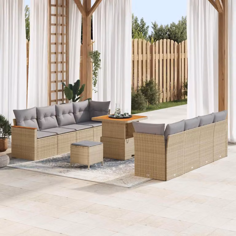 Set Divano da Giardino vidaXL 11 Pezzi in Polyrattan Beige con Cuscini e Tavolino