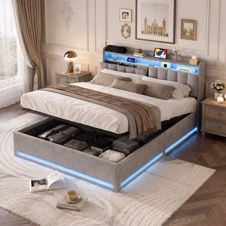 Letto imbottito INONEFT, 140 x 190 cm, letto matrimoniale con LED e USB, letto con sistema di sollevamento idraulico, contenitore e rete a doghe, letto per adulti, in velluto, colore grigio