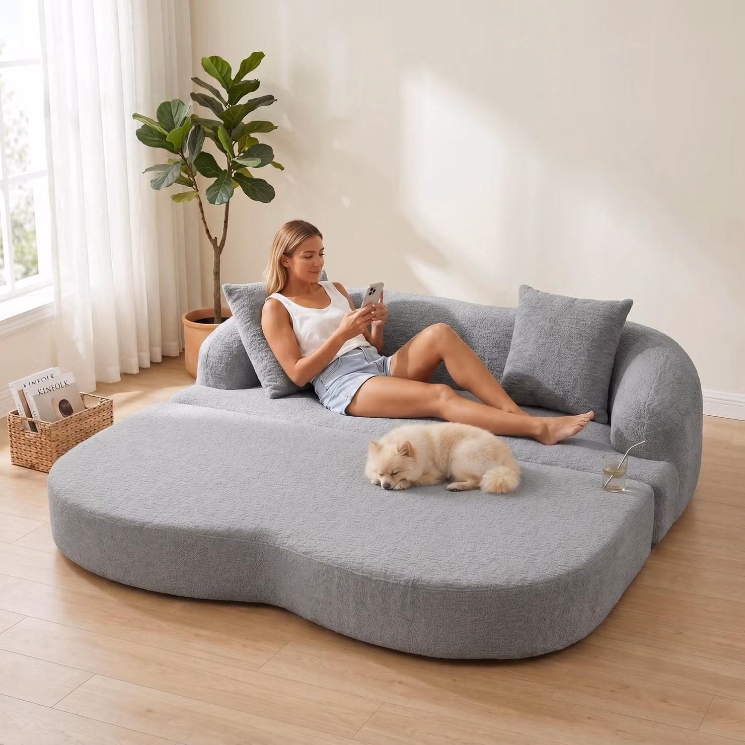 Divano letto LVHOM a 2 posti in ciniglia, divano pieghevole con funzione letto, letto pieghevole per ospiti da salotto in stile Japandi, grigio chiaro