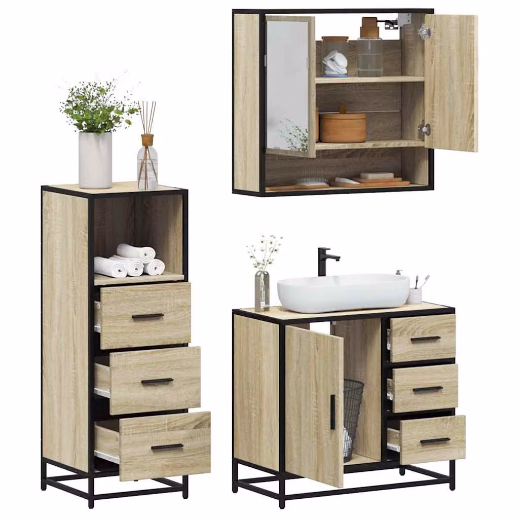 Set di mobili da bagno industrial vidaXL in legno e metallo color marrone con armadietto specchio, mobile lavabo e mobile laterale