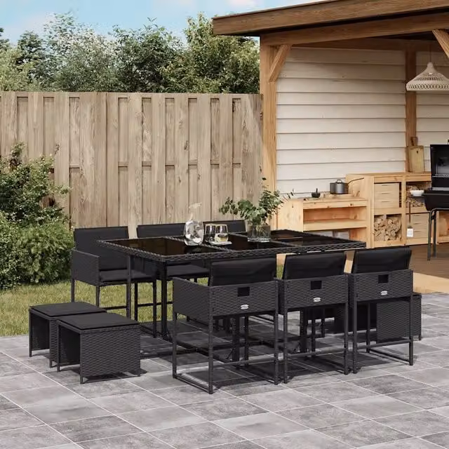 Set da Pranzo da Giardino 11 pz con Cuscini in Polyrattan Nero 3211327
