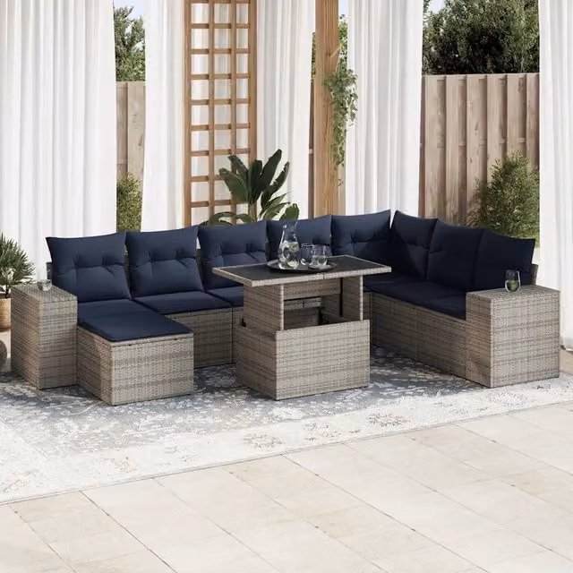Set Divano da Giardino 9pz con Cuscini Grigio Polyrattan Acacia 3326852