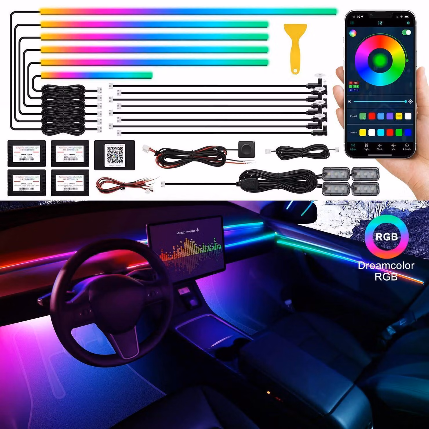 Illuminazione interna per auto a LED, controllo tramite app, RGBIC, 175 pollici, 593 LED, con attivazione sonora
