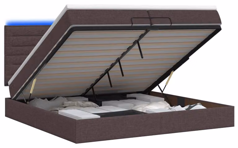 Panca contenitore ottomana con materasso e luci LED, colore marrone scuro, dimensioni 200 x 200 cm
