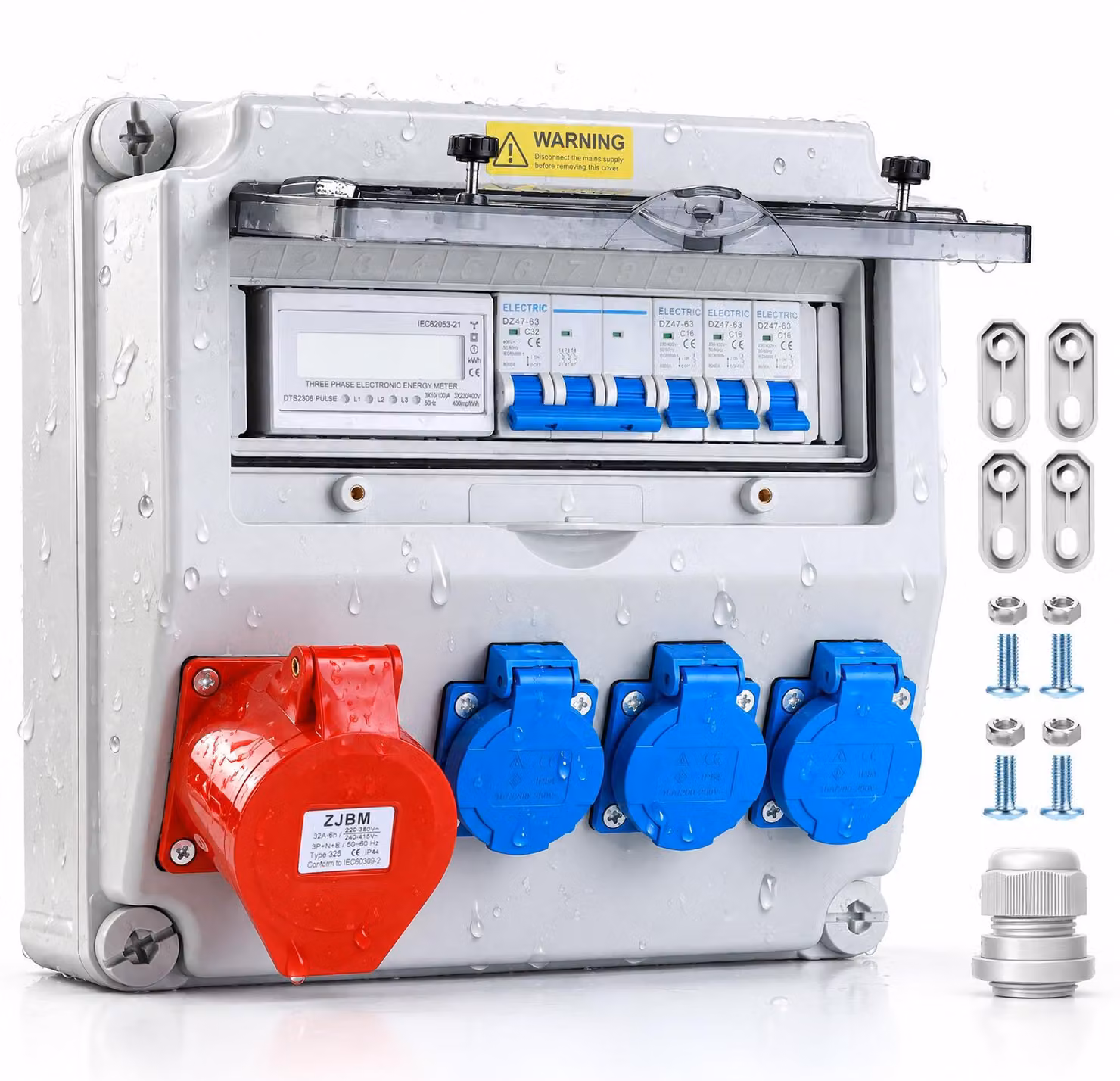 Pannello di distribuzione pre-cablato - 3 prese da 230 V Schuko + 1 presa da 400 V 32 A CEE - 5 poli, trifase - Materiale: plastica ABS - Adatto per uso interno ed esterno