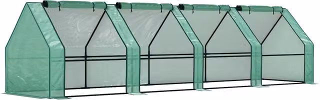 Mini Serra da Giardino Outsunny con 4 Porte Arrotolabili e Copertura Allungata, Acciaio e PE, Verde, L 360 x P 90 x H 90 cm