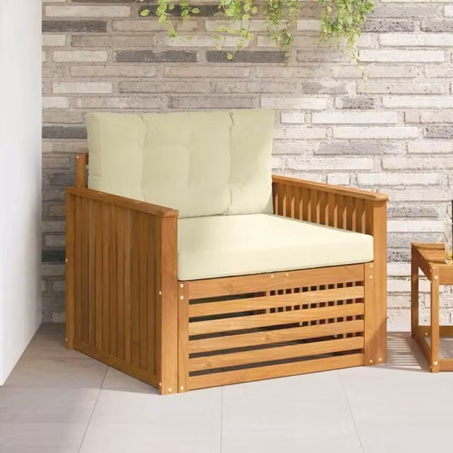 Divano da esterno moderno vidaXL in legno di acacia massello con cuscini beige e bianchi – 1