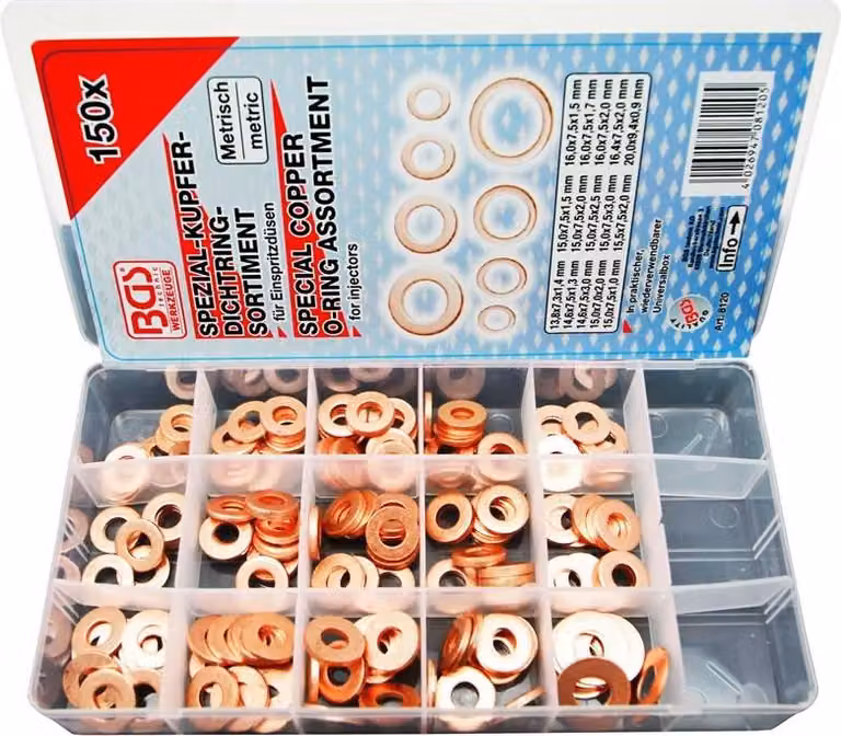 BGS Assortimento di anelli in rame per ugelli di iniezione 150 pezzi - 8120