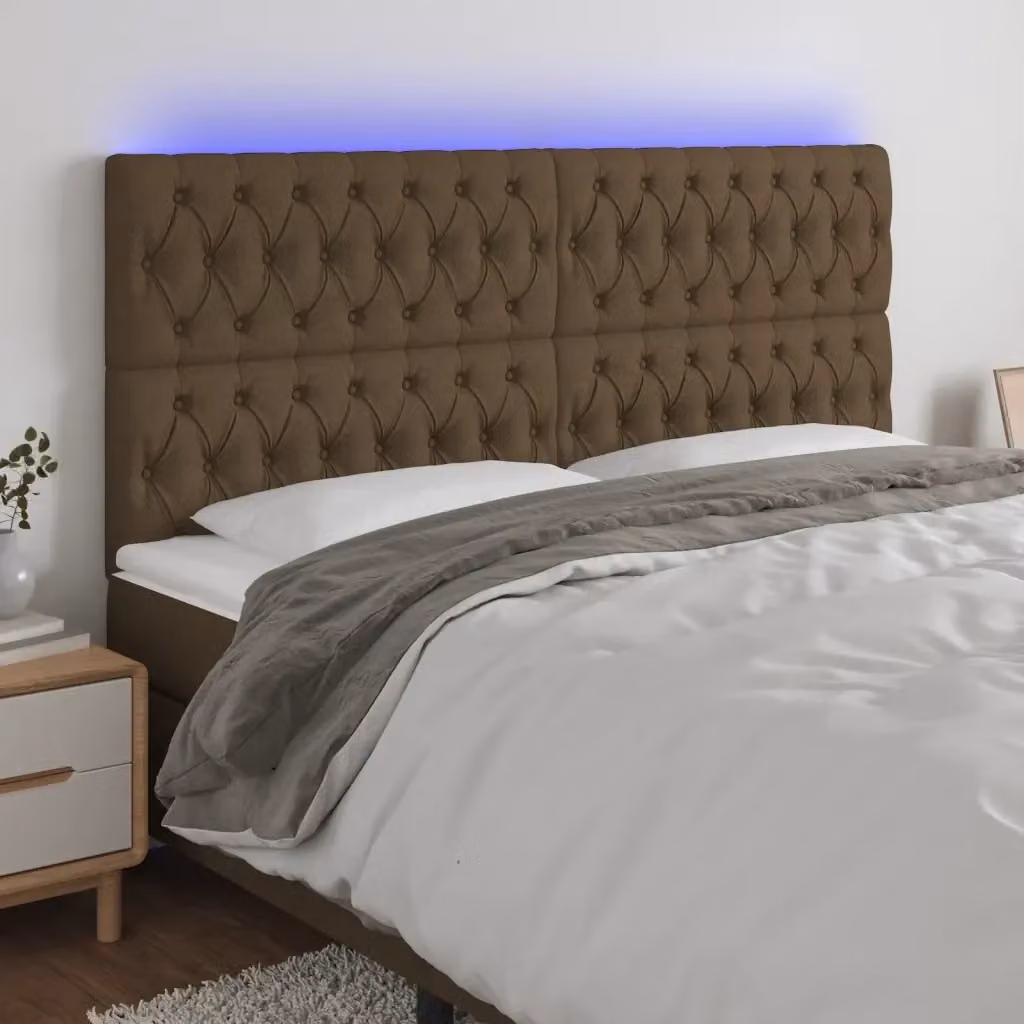 Testata del letto con illuminazione LED e porta di ricarica USB in tessuto marrone scuro L: 200 cm, H: 118/128 cm, P: 7 cm – 2