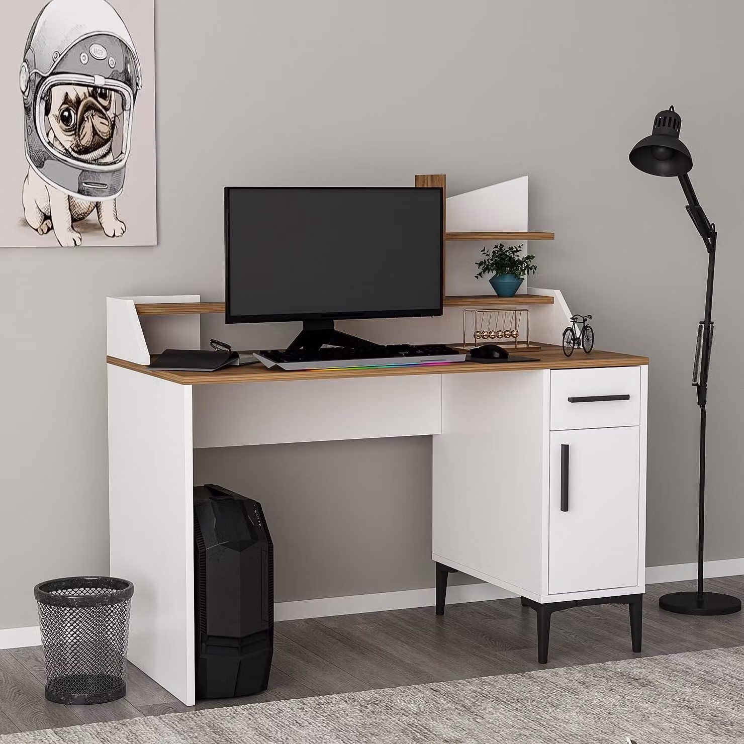 HOMIDEA ZETA: Scrivania con scaffali – Moderna scrivania per computer e tavolo da trucco, ideale per l'ufficio domestico, lo studio e la camera dei ragazzi (bianco/noce)