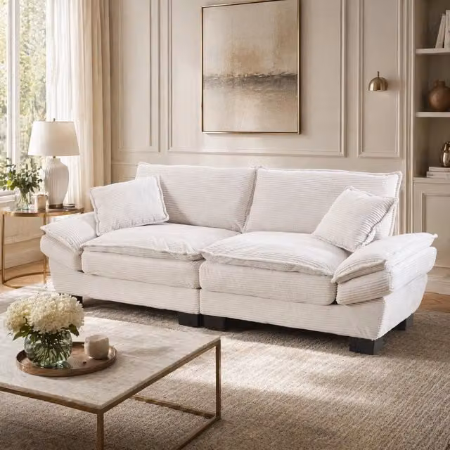Divano moderno a 2 posti in velluto beige; 224x81x81 cm; con braccioli imbottiti e 2 cuscini