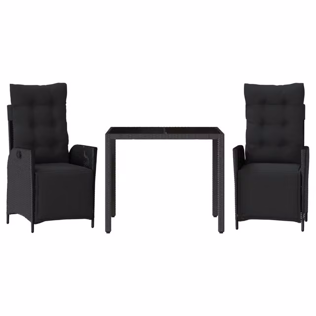Set da Pranzo da Giardino 3 Pezzi in Polyrattan Nero con Tavolo in Vetro e Sedute Moderne – 1