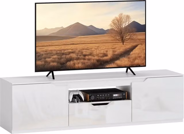 Meuble TV 160 cm, meuble télé pour téléviseur jusqu'à 65 pouces avec 2 portes et tiroir, blanc