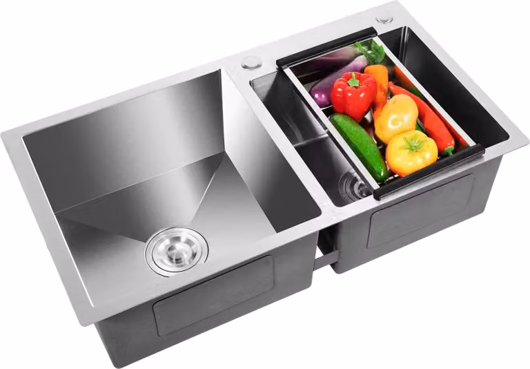 Lavello da cucina - Doppia vasca - Acciaio inox 201 - Montaggio dall'alto o sotto piano - 780x430x210 mm - Spessore del materiale 2,5 mm - 2 fori - Senza rubinetteria - Argento