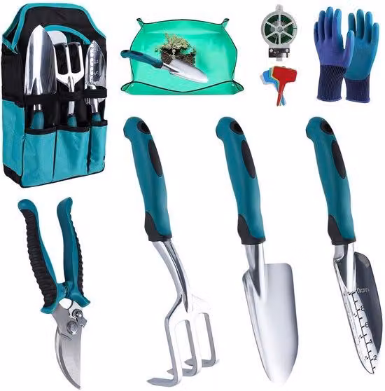 Set di 12 utensili da giardino Unyqoos®: completo di attrezzi in alluminio, impugnature ergonomiche in TPR, tappetino da giardino impermeabile in PE e borsa portaoggetti