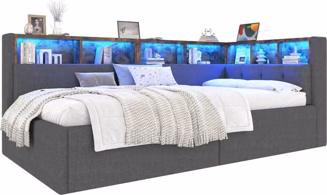 Letto a Divanetto con Contenitore e Illuminazione LED, Porte di Ricarica USB e Type-C, Rivestimento in Lino Grigio, L/P: 90 x 200 cm – 1