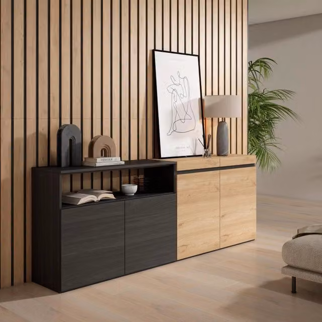 Credenza, Mobile, 200x35x75cm, 4 Porte, grande stoccaggio, colore Rovere e nero RF2375