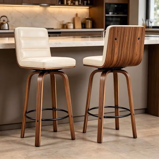 Sgabello da bar girevole Minimal con rivestimento in similpelle beige e gambe in legno di faggio