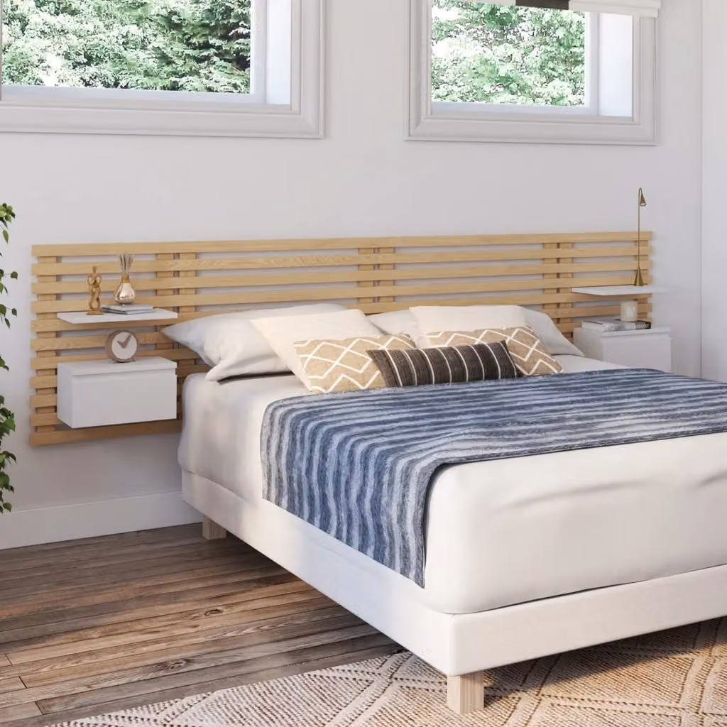 Testiera a doghe AVA con comodini sospesi IDMarket, legno chiaro e bianco, L: 240 cm – 2