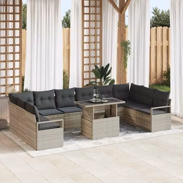 Set Divano da Giardino vidaXL a 10 Posti con Tavolino e Cuscini, Design Moderno a U, Grigio