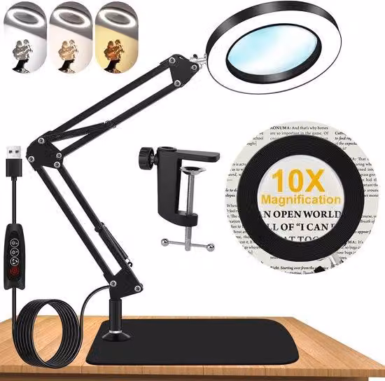 Lente d'ingrandimento da tavolo Unyqoos® con illuminazione e supporto – lente in vetro 10x (4,3 pollici), 3 modalità di colore, 10 livelli di luminosità, 72 LED, girevole a 360°, clip/piedistallo