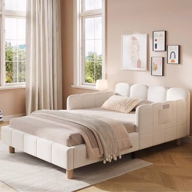 Letto imbottito singolo ¨C Minimal ¨C beige velluto legno massello 90x200cm con testiera