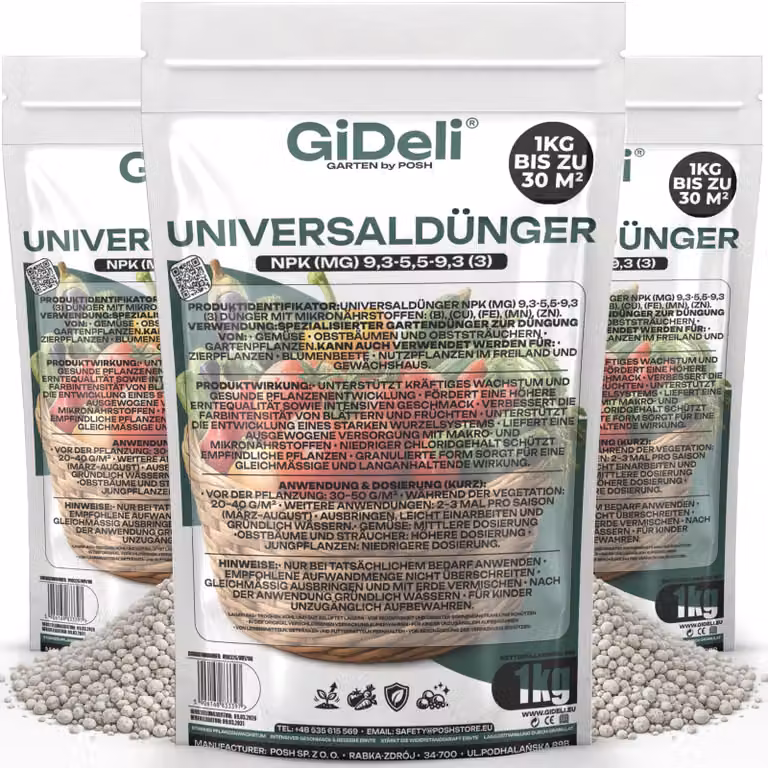 Concime universale 3 kg, fertilizzante per giardino, a basso contenuto di cloruri, adatto per ortaggi e frutta, a lenta cessione, marca GiDeli