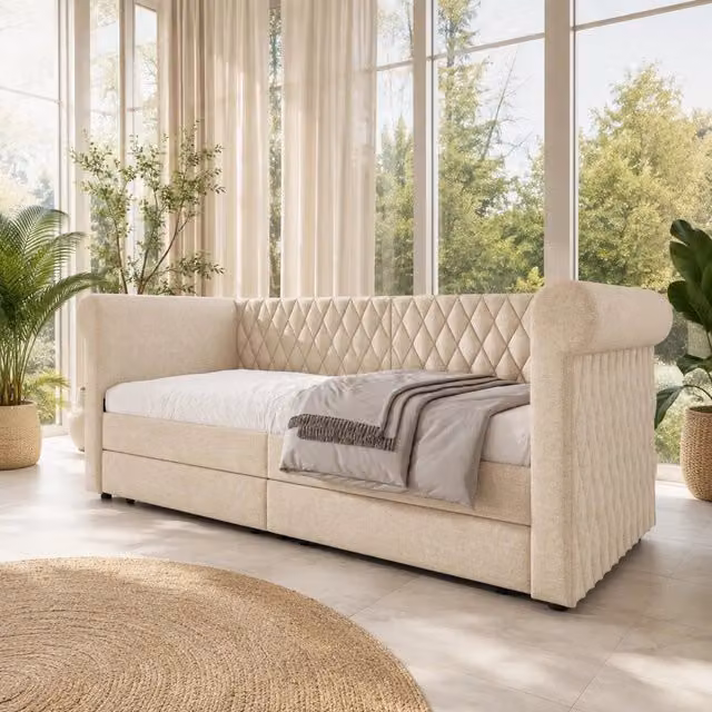 Letto singolo imbottito 90 × 200 cm con due cassetti in lino beige rete a doghe testiera vintage e schienale