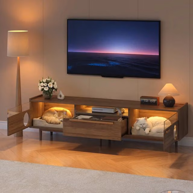 Mobile TV Zephmum in stile mid-century con illuminazione LED integrata, ante in vetro e cassetto, colore marrone, L 180 x P 40 x H 50 cm