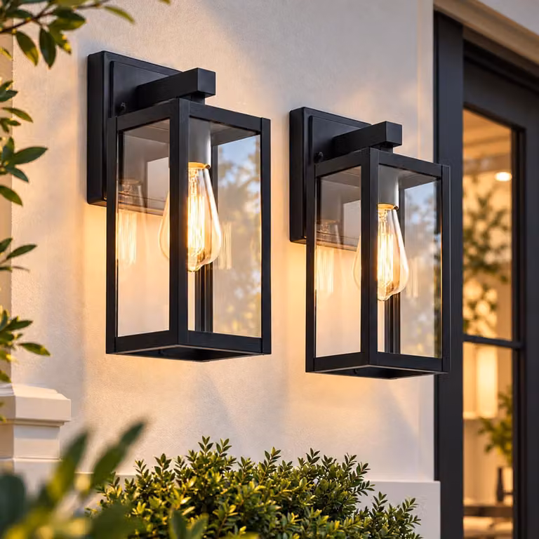 Lampada da parete per esterni, attacco E27, confezione da 2 pezzi, colore nero opaco, grado di protezione IP44, potenza massima 60 W, paralume in vetro