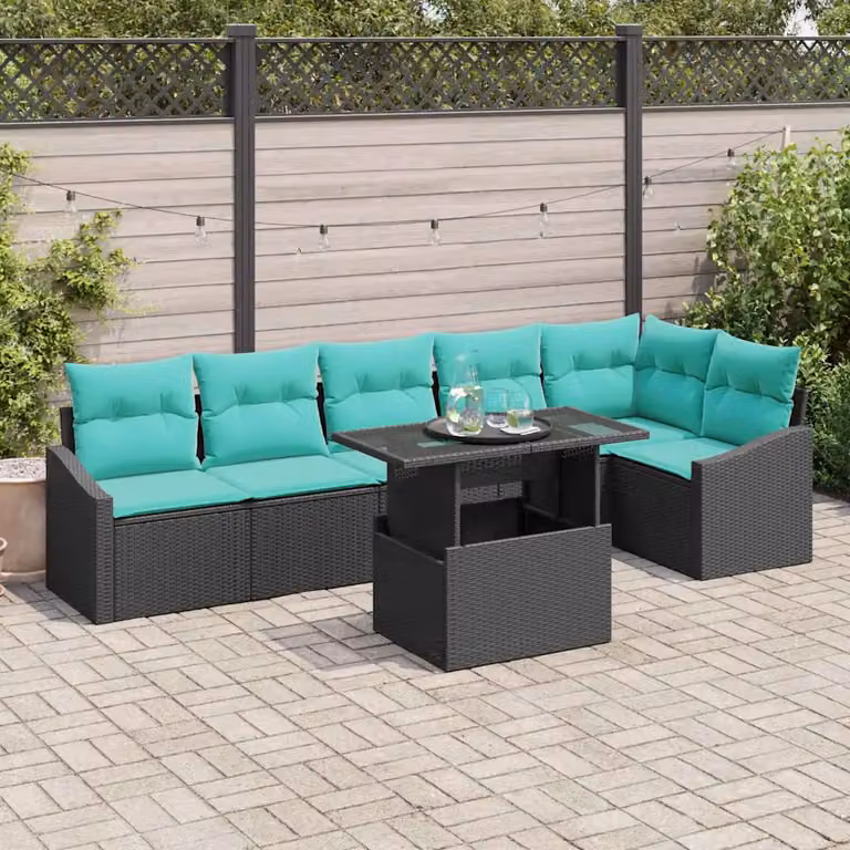 Set Divano da Giardino Moderno vidaXL 7 Pezzi con Poltroncine, Elementi Angolari e Tavolino da Caffè, Colore Nero e Blu con Cuscini Inclusi e Struttura in Acciaio Verniciato a Polvere