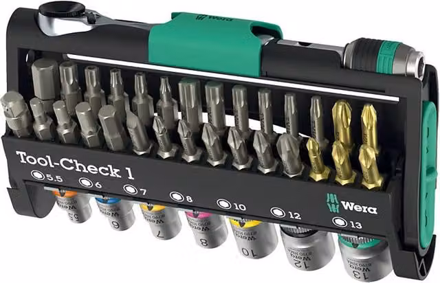 Set di utensili Wera Tool-Check 1 composto da 38 pezzi con cricchetto da 1/4 pollici in acciaio inossidabile, colori nero, verde e argento