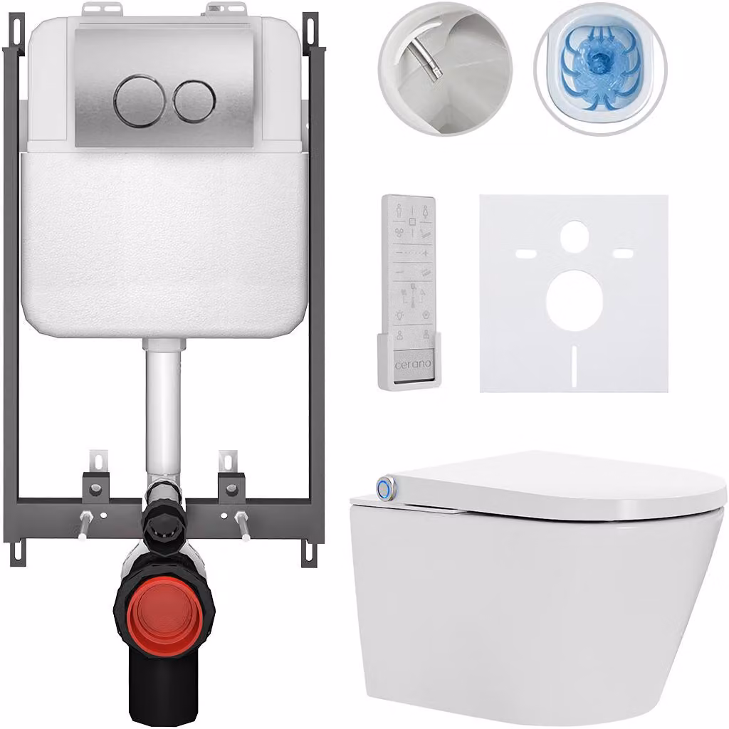 WC sospeso con bidet Basic/Cronus Premium - bianco lucido - pulsante WC Dualo/Argento - da incasso - 59,3x38,4 cm