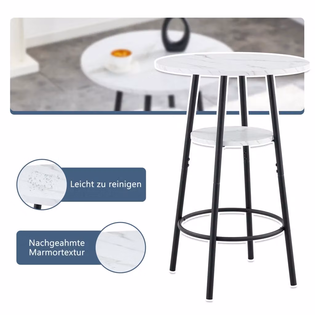 Tavolo Bar REDOM con Doppio Piano e Design Minimalista, Bianco e Nero, Diametro: 60 cm, Altezza: 89 cm – 2