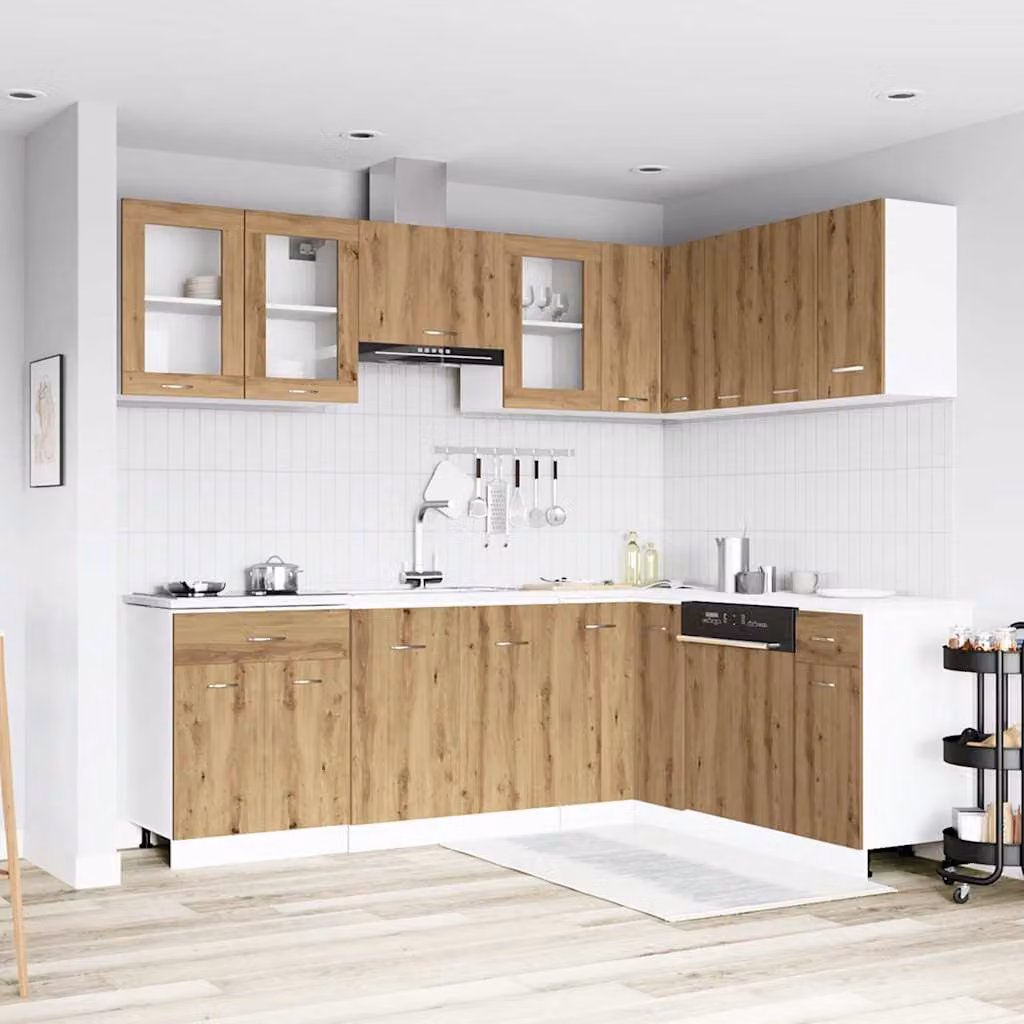 Set di mobili da cucina moderno vidaXL Lyon in 11 pezzi, colore marrone, con ante in vetro e ripiani interni