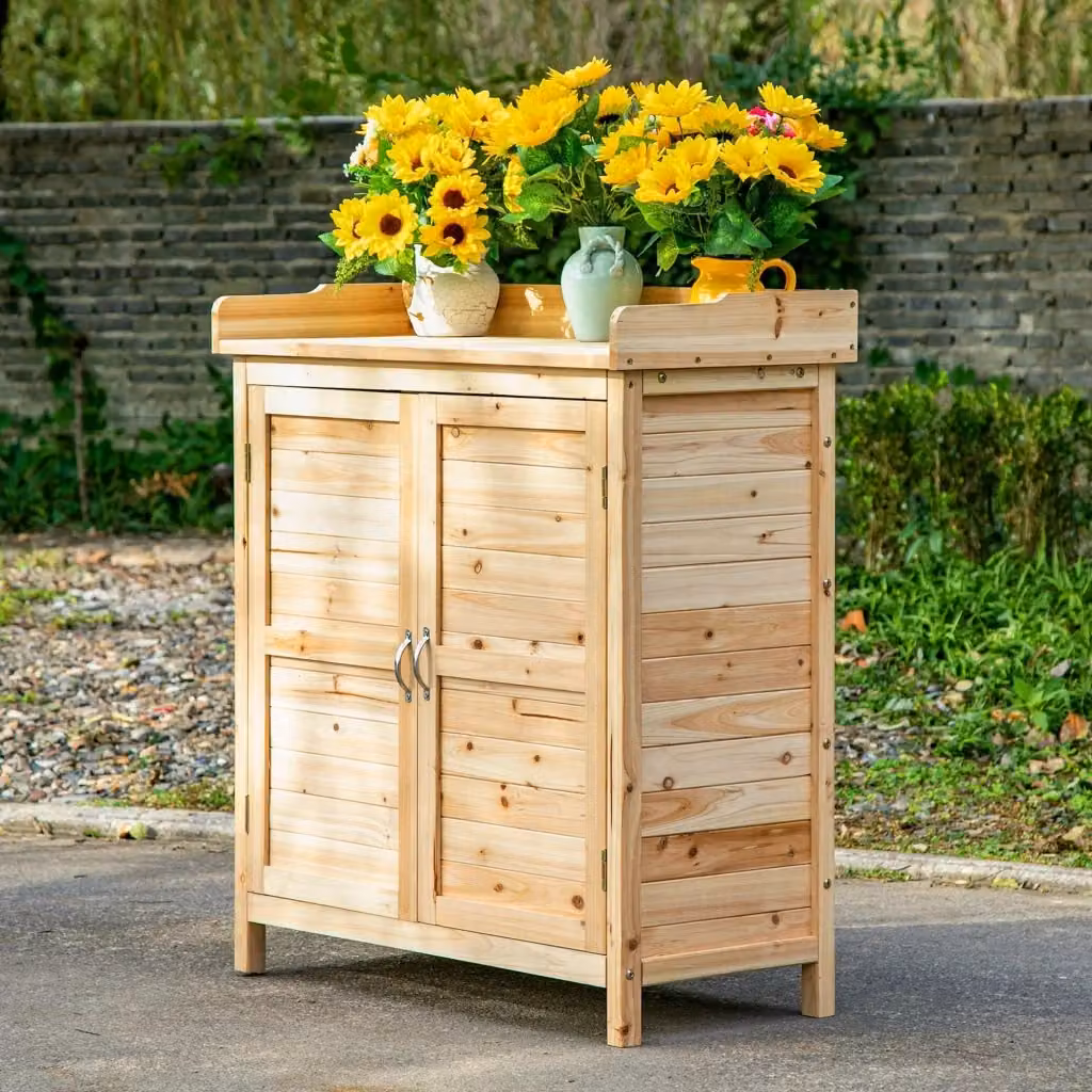Armadietto da giardino GIORDANOSHOP in legno di abete con 2 ante e ripiani interni, colore beige/marrone, L: 83 cm, P: 40 cm, H: 92 cm – 2