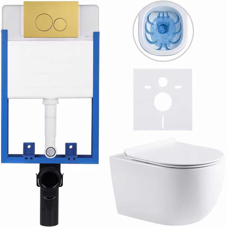 CERANO - Set completo per WC da incasso Lite/Felci - bianco lucido - pulsante WC Duo, dorato - da incasso - 52,5x36 cm
