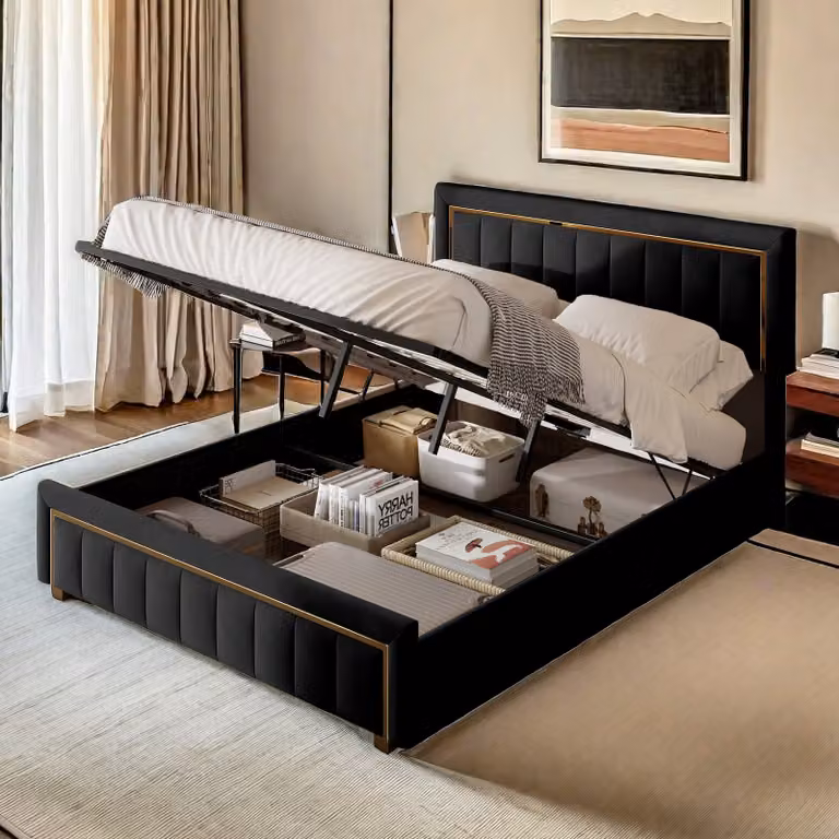 Letto imbottito ProximaX, letto a molle idrauliche 140x200cm con rete a doghe e contenitore, letto matrimoniale in legno letto per ragazzi in Pelle finta, nero
